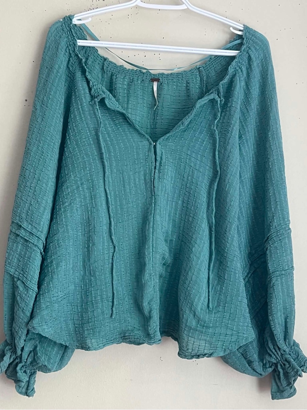 Free People Teal Crinkle Peasant Blouse